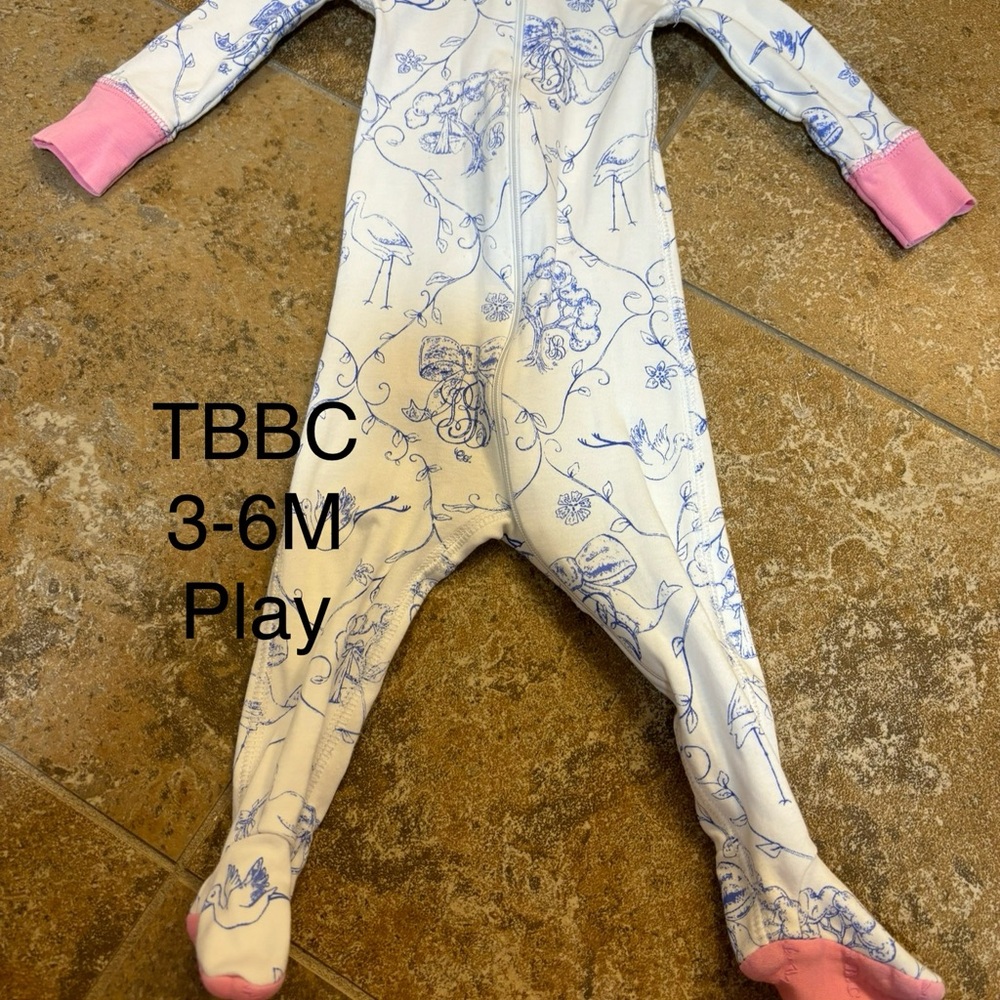 The Beaufort Bonnet Company Blue Toile Print Footie with Pink Trim